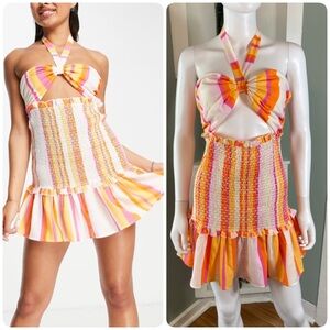 River Island Striped Smocked Orange Pink Halter Mini Dress Sundress Medium M